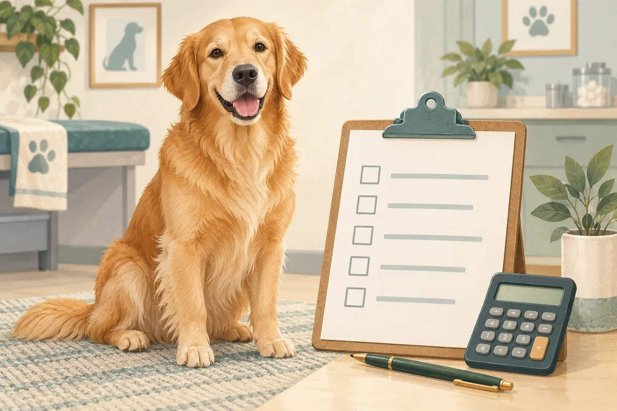 Illustration of a golden retriever beside a blank checklist, calculator, and pen in a veterinary consultation room.